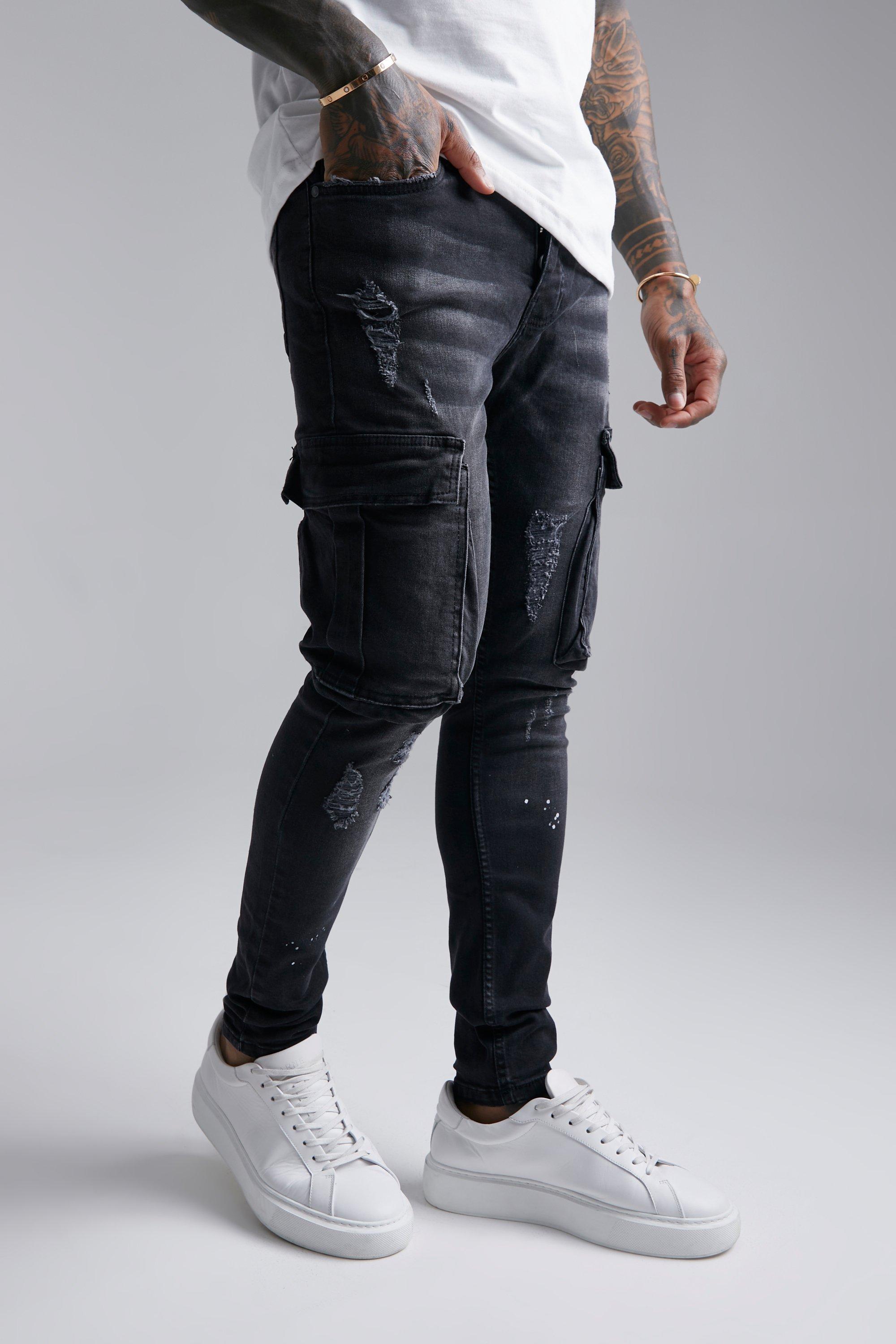 Super Skinny Cargo Jeans With Paint Splatter boohooMAN IE